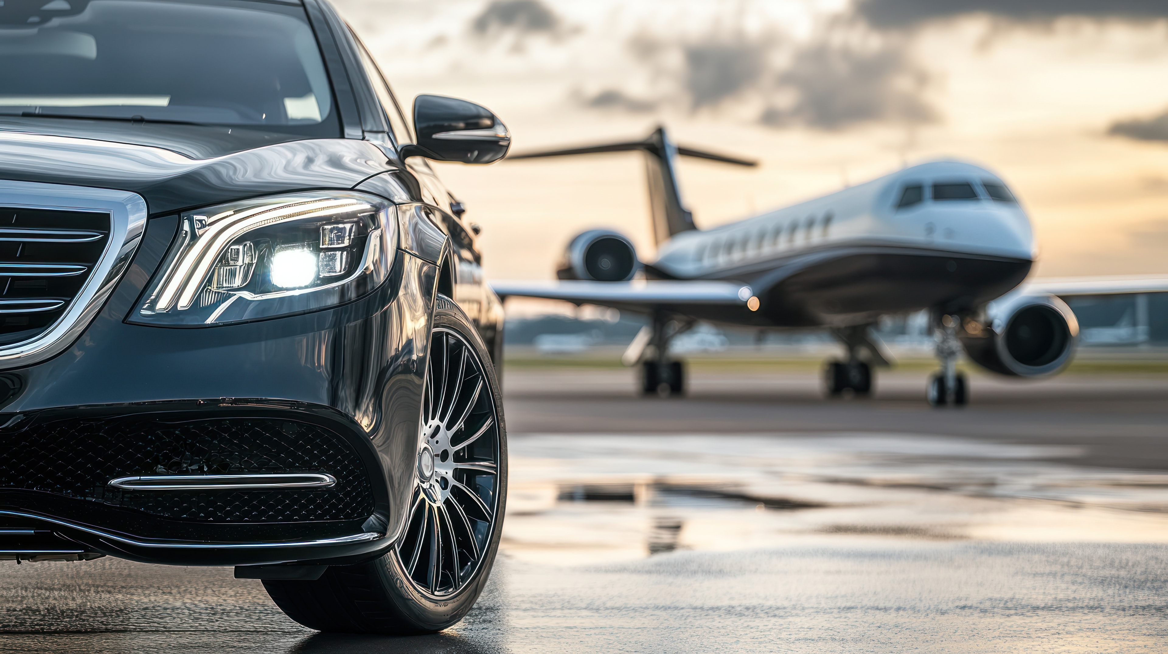 Luxury car on airport tarmac with private jet